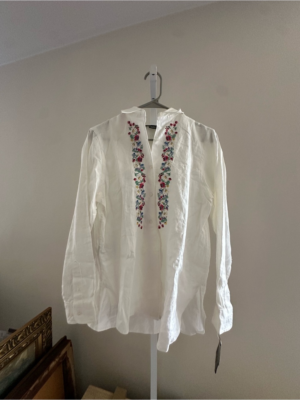 Vintage Linen Ralph Lauren White Long-Sleeve Embroidered Peasant Blouse - Picture 2 of 6